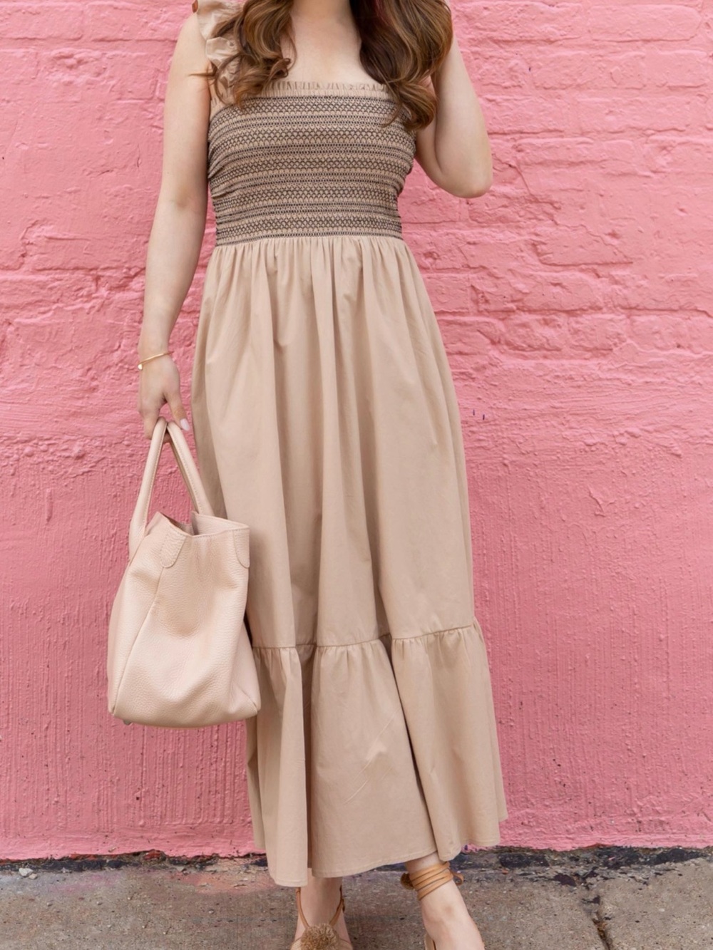 Ann Taylor Beige Smocked Maxi Dress with Tiered Skirt